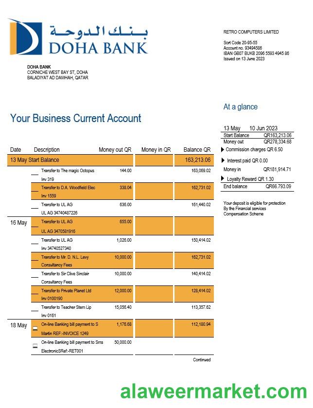 Doha Bank organization checking account statement Word and PDF template
